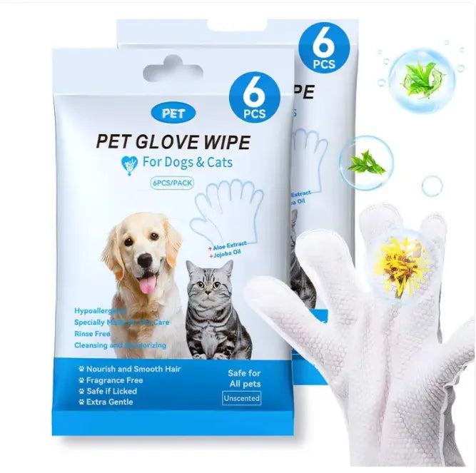 Pet cleaning gloves and wipes in a pack for dogs and cats, featuring aloe and jojoba oil for gentle cleaning.