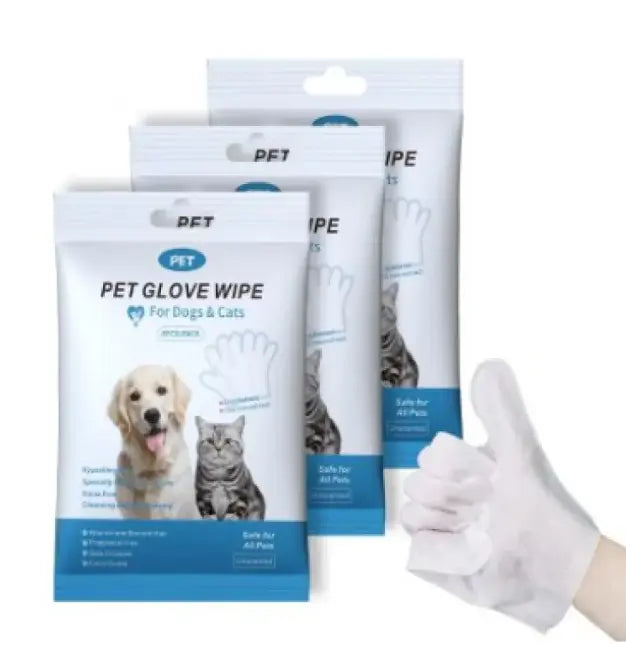 Extra-thick disposable pet cleaning gloves and wipes by SHOPEZRA L.L.C. for gentle grooming and cleaning of pets.