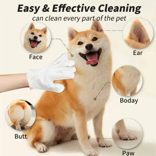 Extra-thick disposable pet cleaning gloves and wipes by SHOPEZRA L.L.C., designed for gentle and effective pet grooming and cleaning.