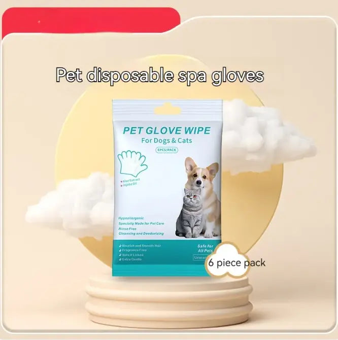 Extra-thick pet cleaning gloves and wipes by SHOPEZRA L.L.C., showing disposable gloves and pet grooming wipes in use.