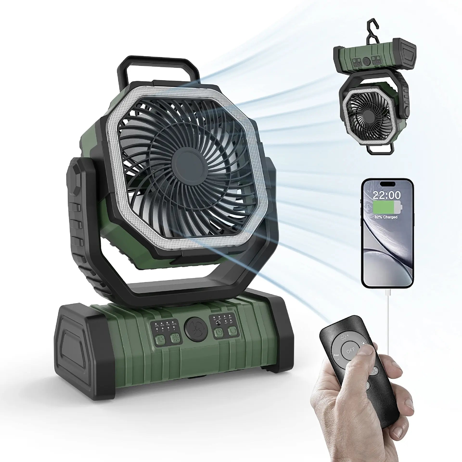 Orange outdoor power bank with LED light and camping fan, portable household device by SHOPEZRA L.L.C.