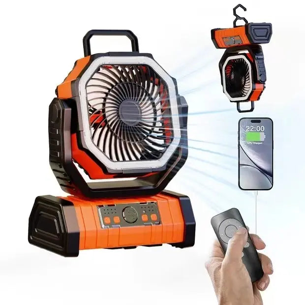 Orange outdoor power bank with LED light and camping fan, 20,000mAh capacity, ideal for household and camping use by SHOPEZRA L.L.C.