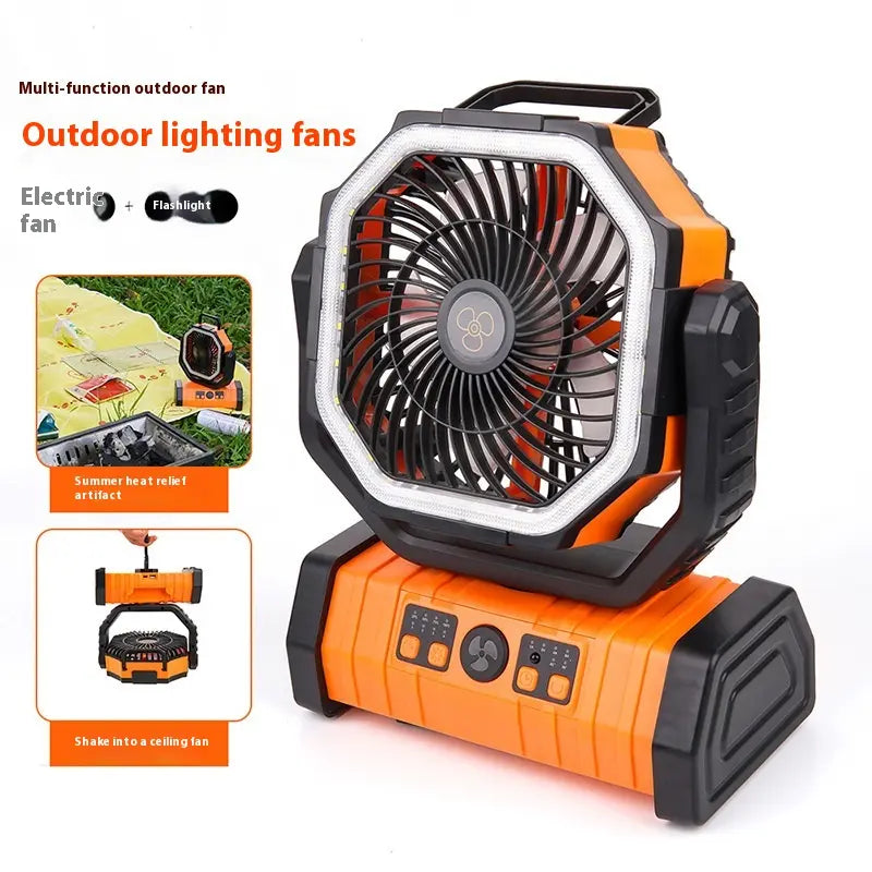 Orange outdoor power bank with LED light and camping fan, portable household device by SHOPEZRA L.L.C.