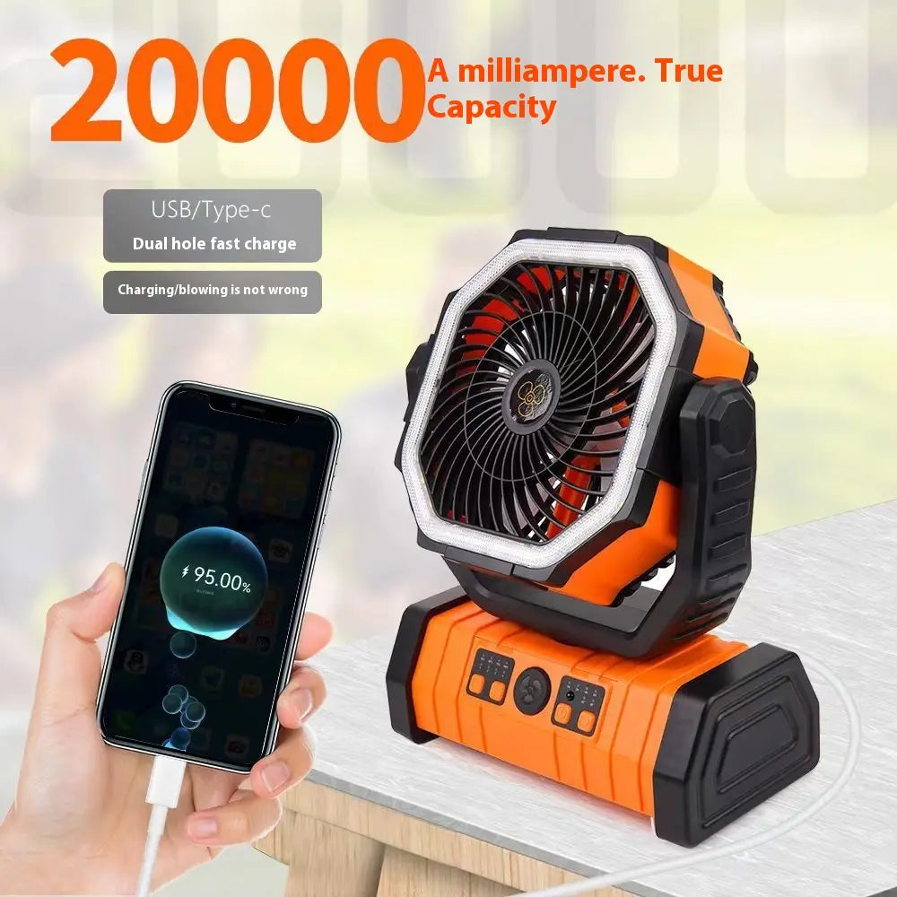 Orange outdoor power bank with LED light and camping fan, portable household device by SHOPEZRA L.L.C.