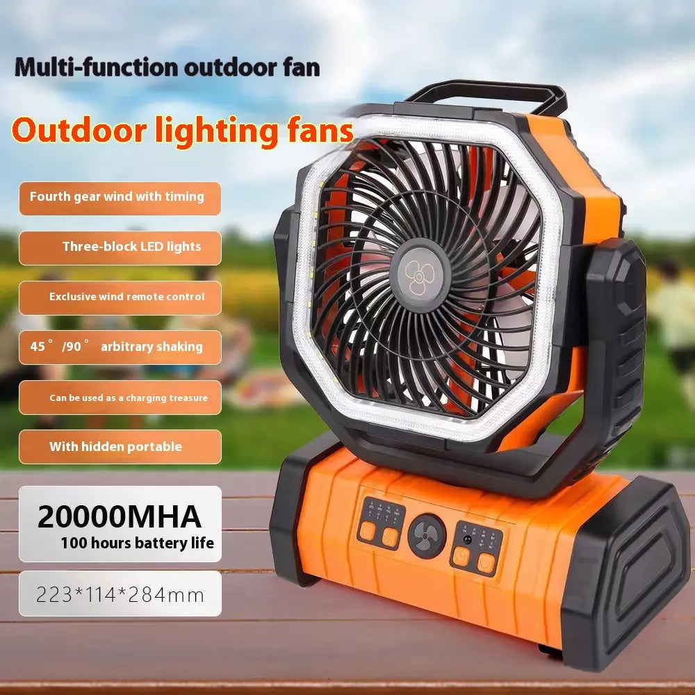 Orange outdoor power bank with LED light and camping fan, portable household device by SHOPEZRA L.L.C.