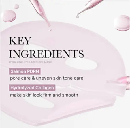 Key ingredients of collagen facial mask for hydration including Salmon PDRN and Hydrolyzed Collagen for smoother skin.