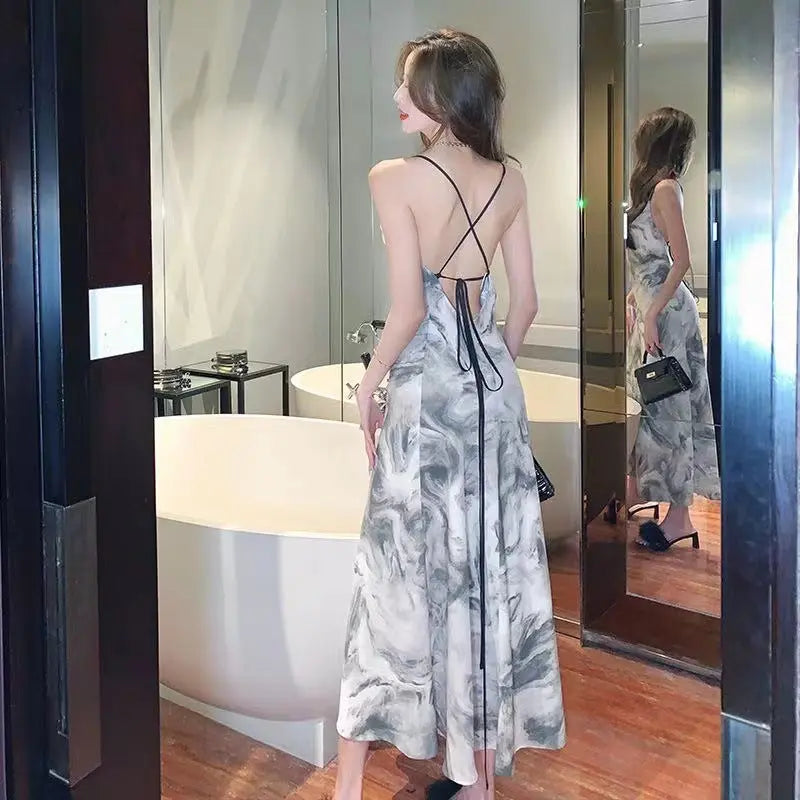 Elegant Socialite high waist sling dress by SHOPEZRA L.L.C., backless midi dress with chic summer style and French design details.