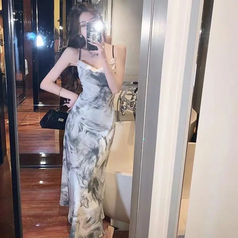 Elegant Socialite high waist sling dress by SHOPEZRA L.L.C. featuring French backless design, chic midi style for summer 2023.