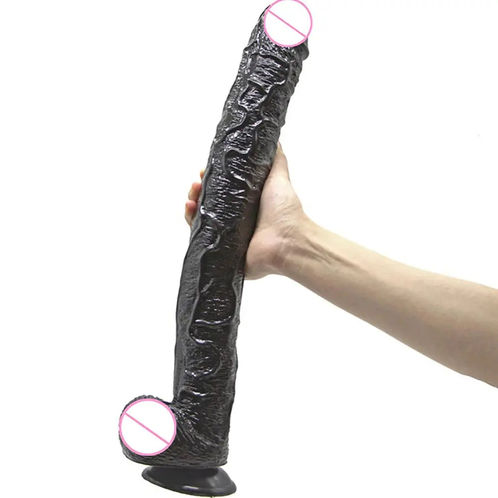 Realistic 43cm long dildo with suction cup, flexible design, and G-spot shape for women’s anal and vaginal pleasure.