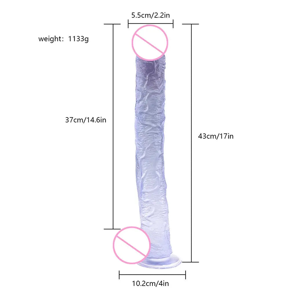 Realistic 43cm long dildo cock for women, featuring a suction cup, flexible design, and detailed G-spot shape for anal and sex play