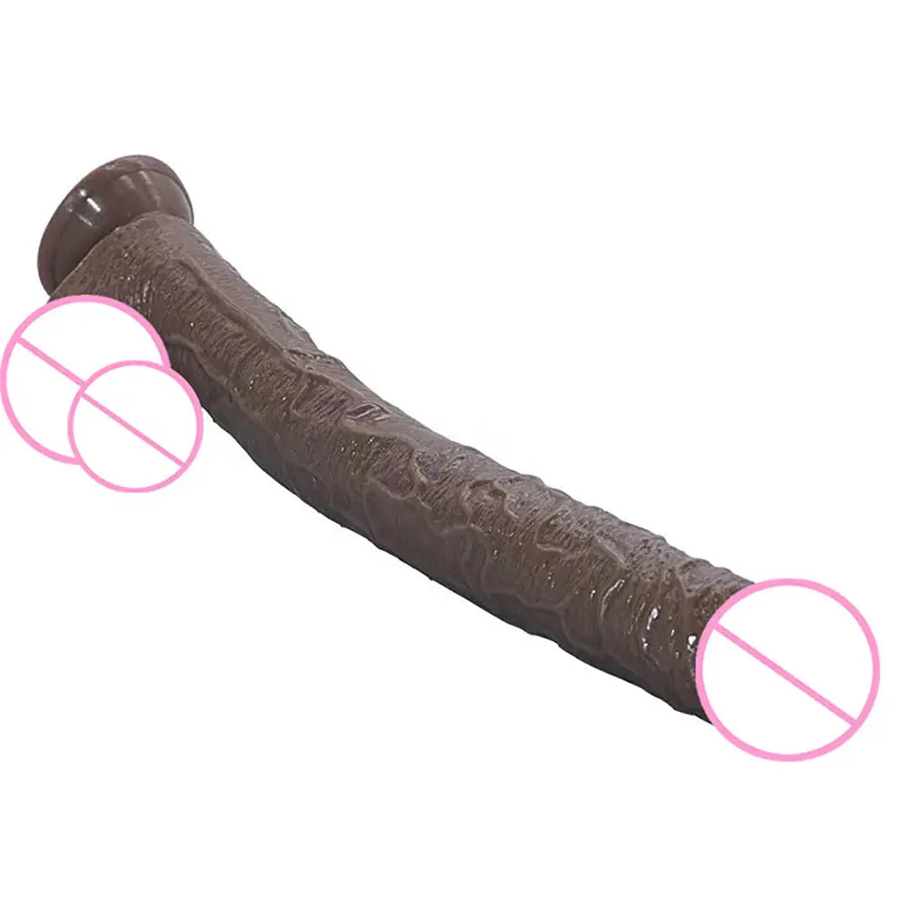 Realistic 43cm long dildo with suction cup, flexible design, and G-spot shape for women’s anal and vaginal pleasure.