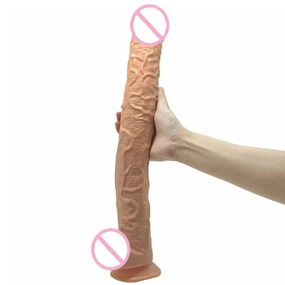 Realistic 43cm long dildo with suction cup, flexible design, and G-spot shape for women, in flesh color with detailed texture.