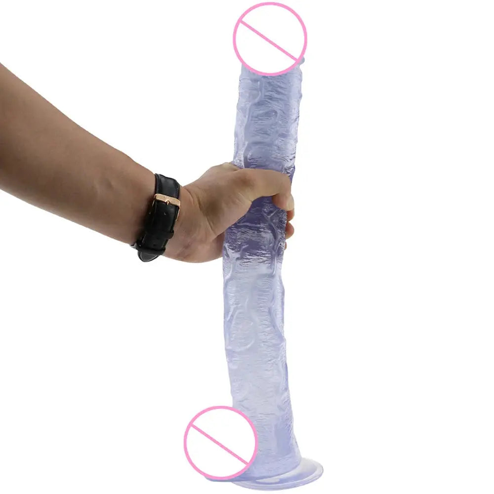 Realistic 43cm long dildo for women with suction cup, flexible design, and G-spot stimulation, ideal for anal and solo pleasure.