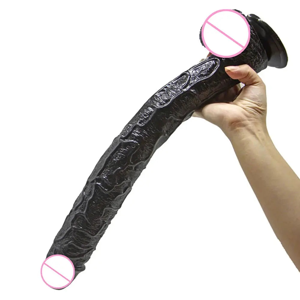 Realistic 43cm long dildo with suction cup, flexible design, and G-spot shape, designed for women’s anal and vaginal pleasure.