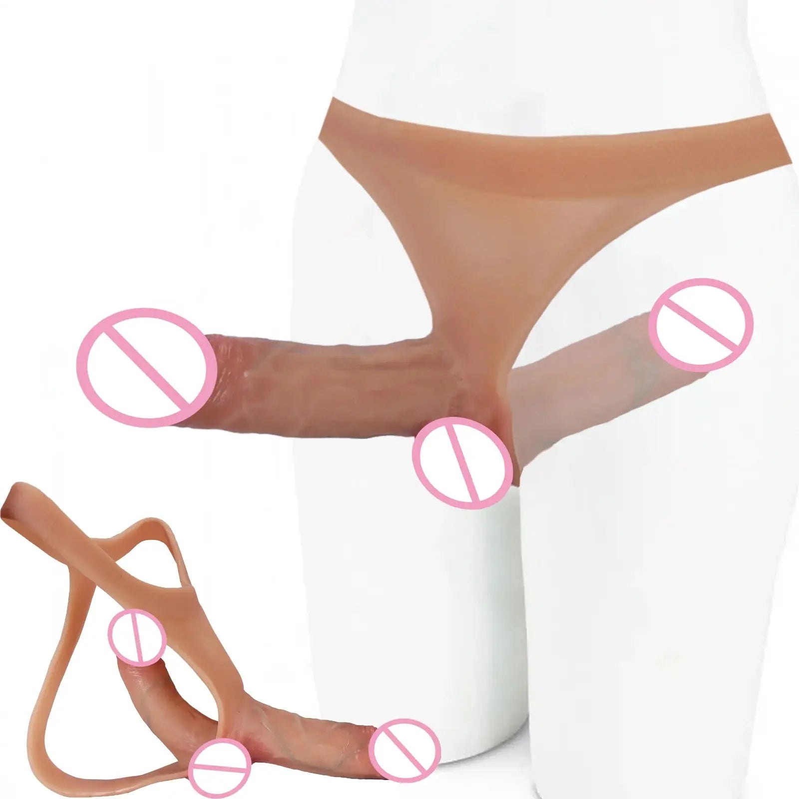 Realistic double-head silicone dildo pants strap-on for female masturbation, featuring vaginal and anal plug design.