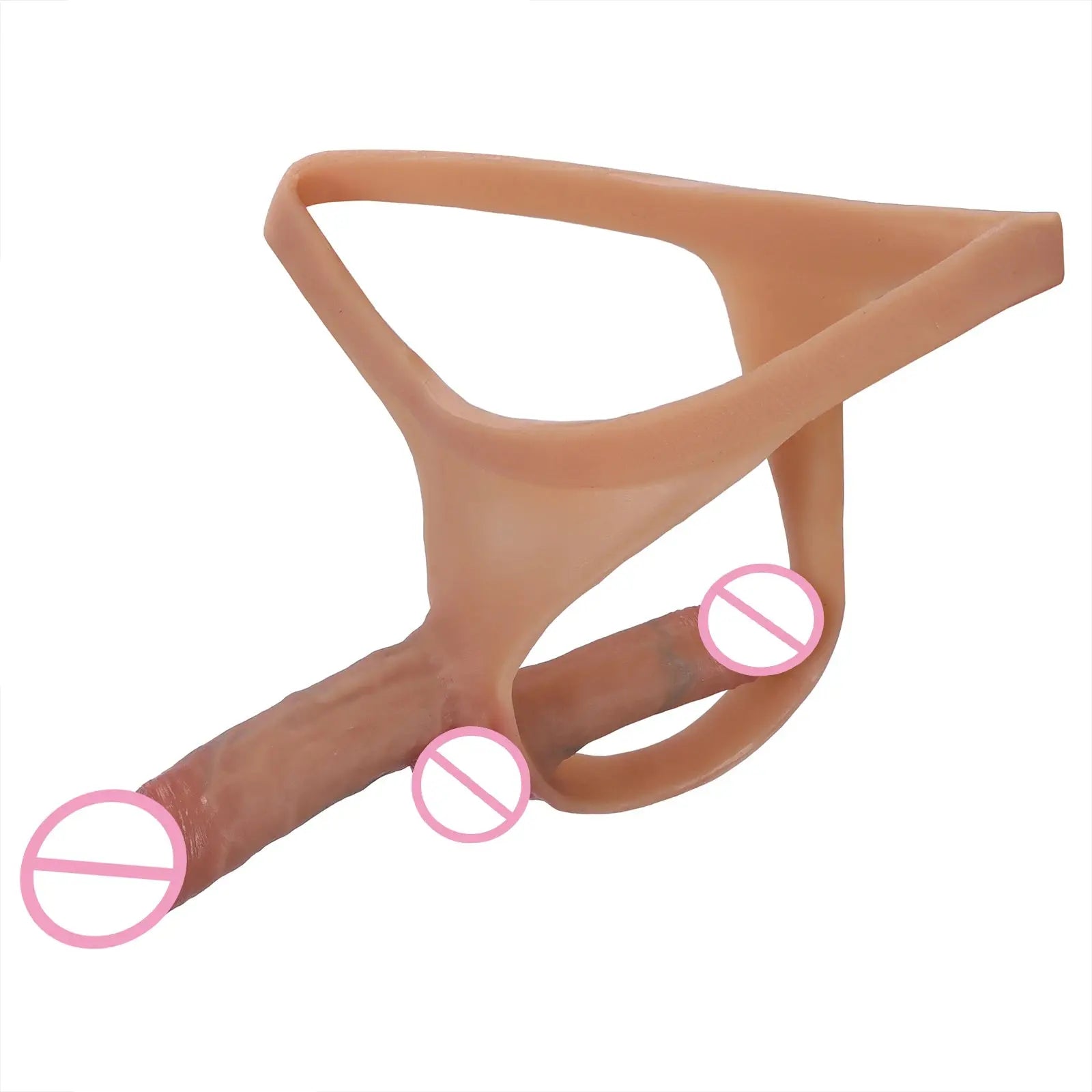 Realistic double head dildo pants strap-on in flesh-colored silicone, designed for female masturbation and anal play.