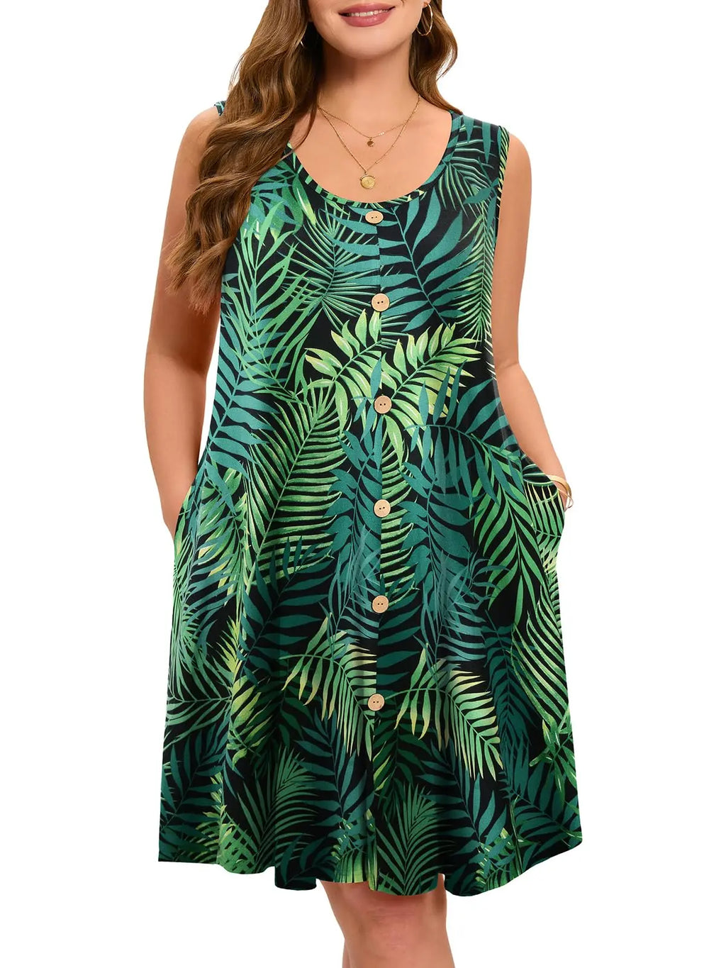 plus size casual t-shirt sundress featuring a vibrant green palm leaf design with buttons and pockets, perfect for summer.