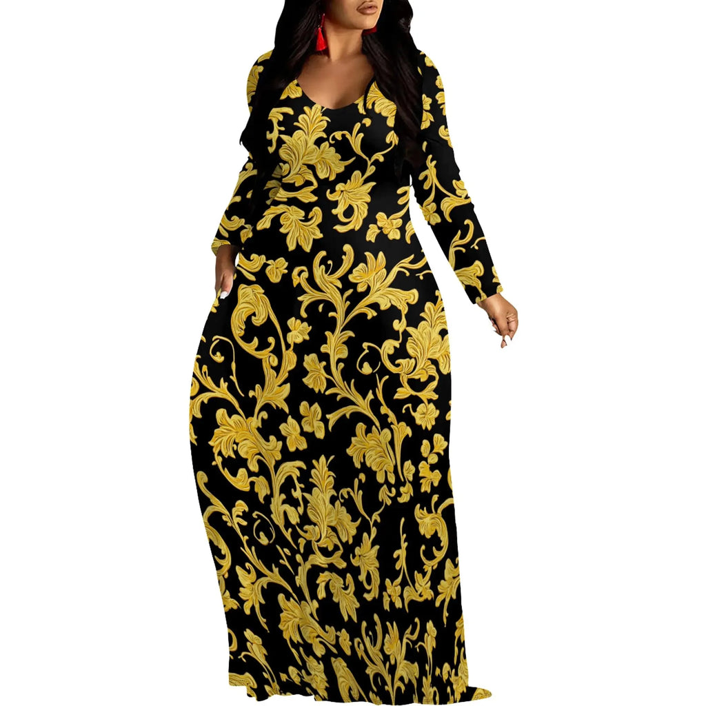 plus size maxi dresses for curvy women featuring long sleeve black dress with gold floral print