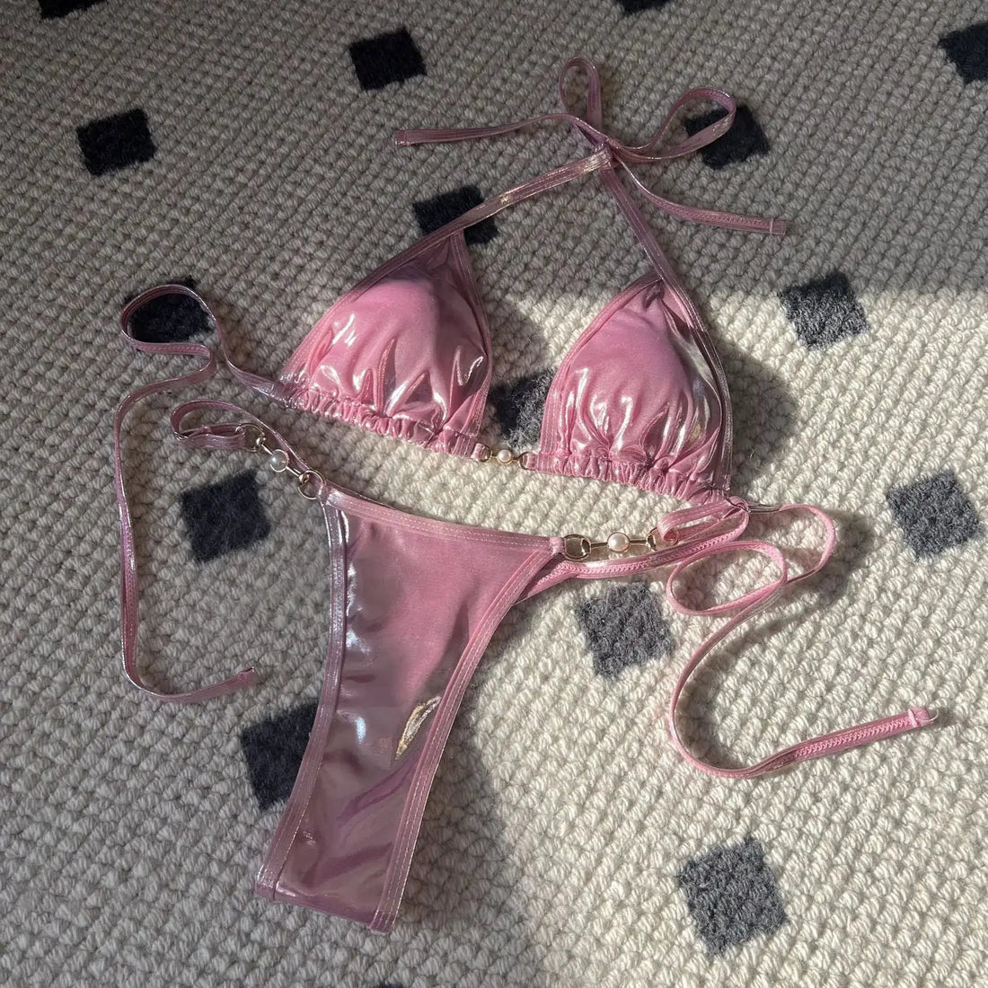 2025 European and American New Sexy Glossy Pearl Thong Bikini Swimsuit Bikini Cross-Border Export by Dropshipman