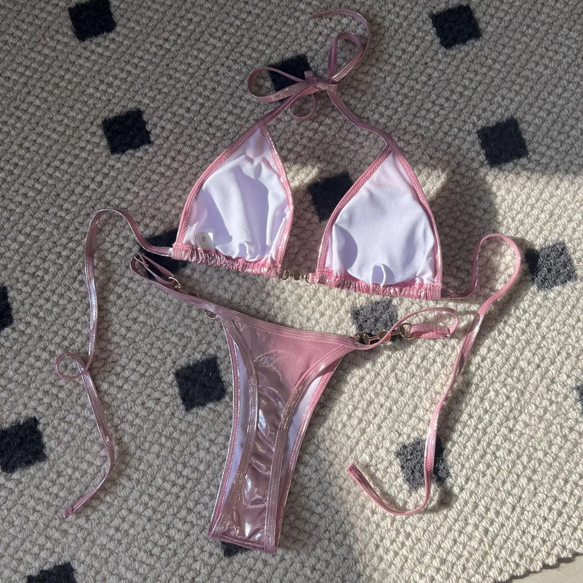 Gold glossy pearl thong bikini swimsuit featuring a sexy design, stylish cross-border export from SHOPEZRA L.L.C.