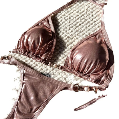 2025 European and American New Sexy Glossy Pearl Thong Bikini Swimsuit Bikini Cross-Border Export by Dropshipman