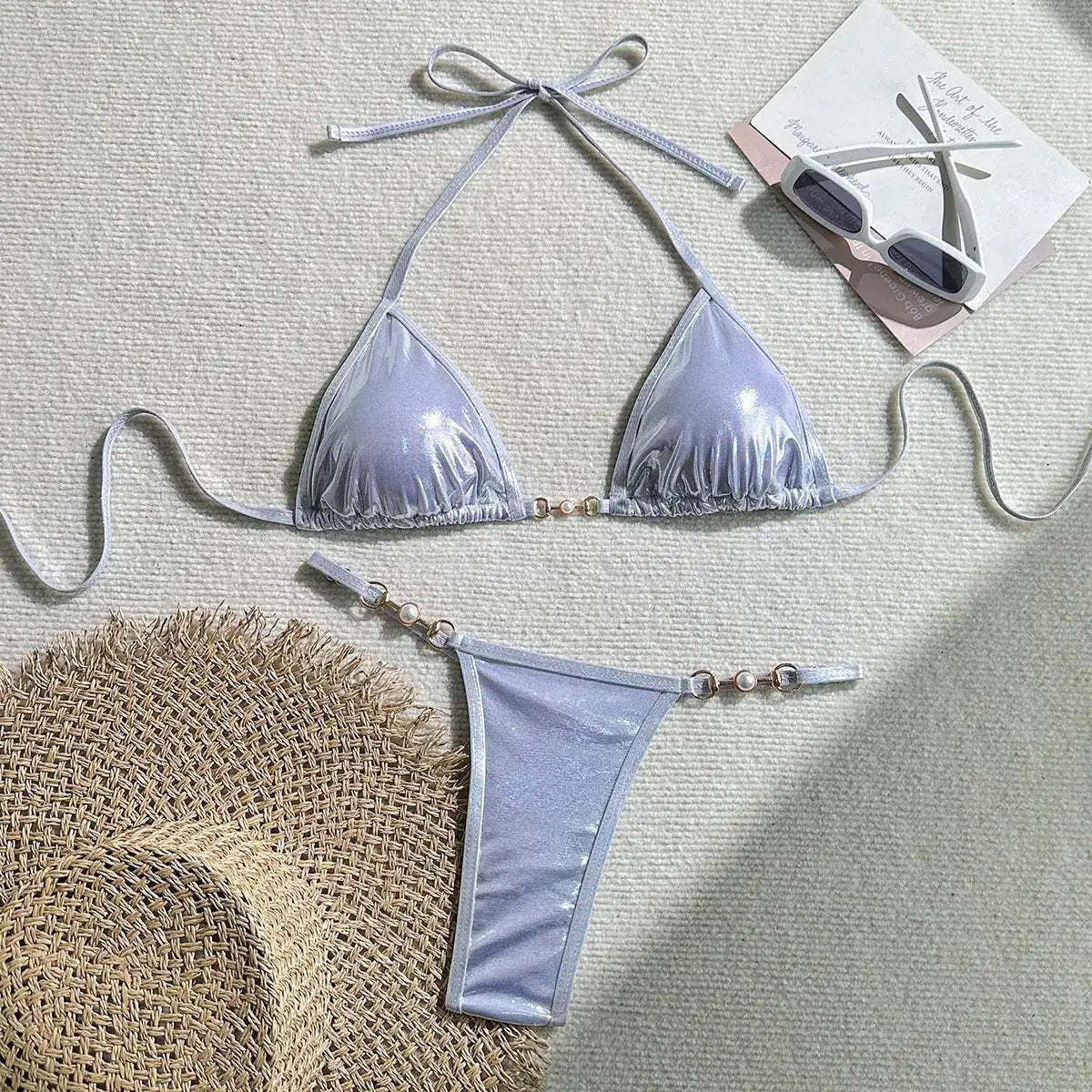 2025 European and American New Sexy Glossy Pearl Thong Bikini Swimsuit Bikini Cross-Border Export by Dropshipman