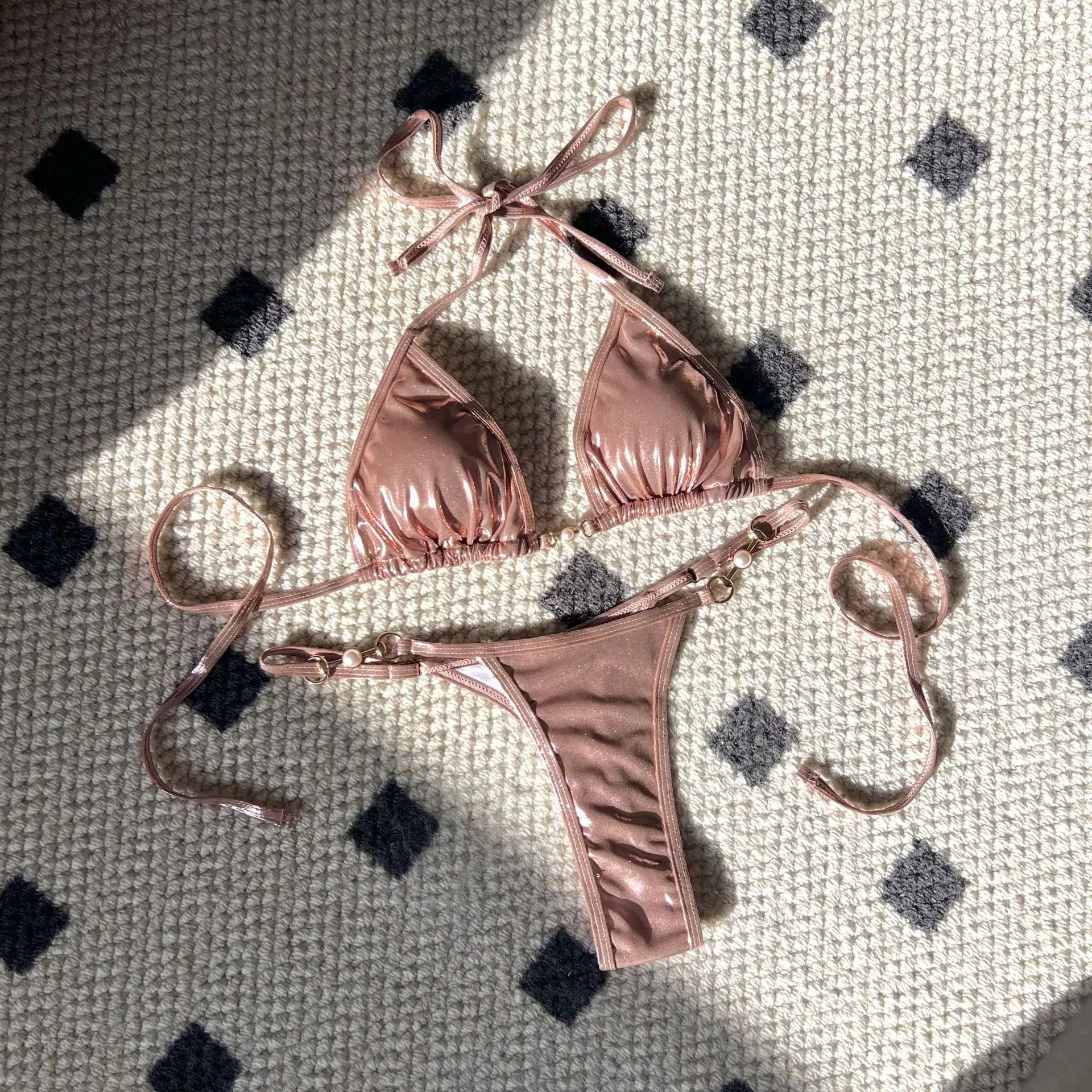 Gold glossy pearl thong bikini by SHOPEZRA L.L.C., featuring a sexy European and American style swimsuit with cross-border export design.