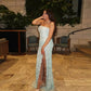 Gray strapless satin evening dress by SHOPEZRA L.L.C. with 3D appliques, glamorous design, perfect for prom or formal occasions.