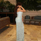 Elegant gray strapless satin evening dress by SHOPEZRA L.L.C., featuring 3D appliques and a glamorous, customized prom gown look.