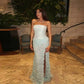 Gray strapless satin prom dress with 3D appliques, modern evening gown by SHOPEZRA L.L.C., elegant and glamorous for special occasions.