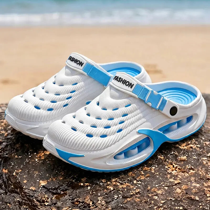 Shopezra L.L.C. men's gray hollow-out sports sandals with thick EVA soles, non-slip outdoor design, perfect for beach and summer activities.