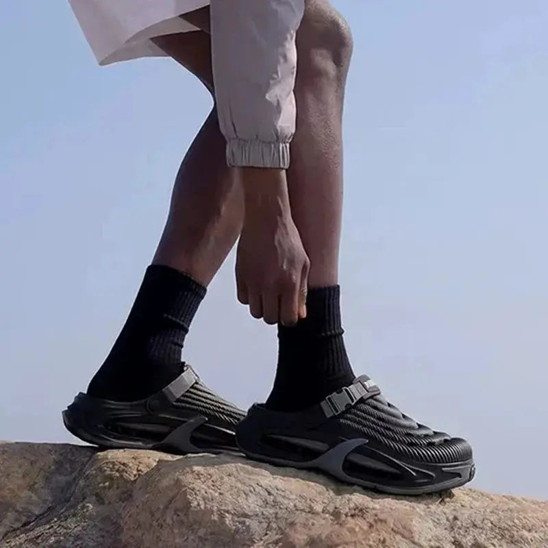Gray men's fashion hollow-out sports sandals with thick soles, EVA soft sole, non-slip outdoor, driving, and beach comfortable sandals