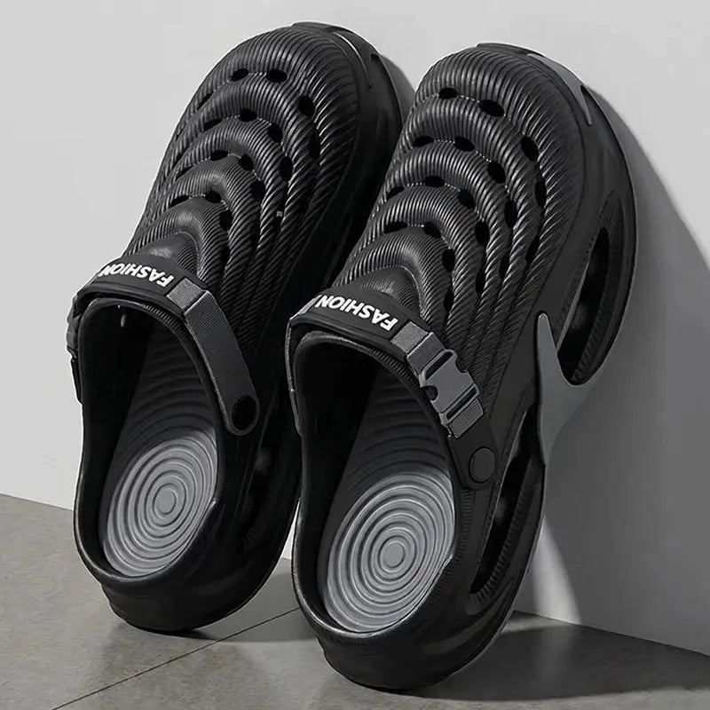 Gray men's sports sandals with hollow-out design, thick EVA sole, non-slip outdoor and beach wear by SHOPEZRA L.L.C.