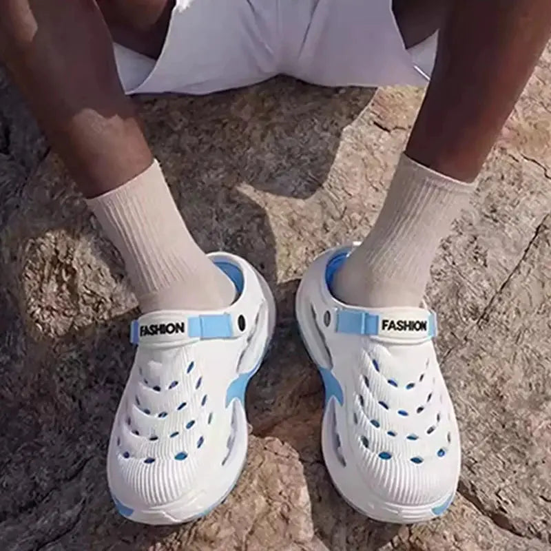 Gray men's sports sandals with hollow-out design, thick soles, EVA soft soles, non-slip outdoor, driving, and beach use.
