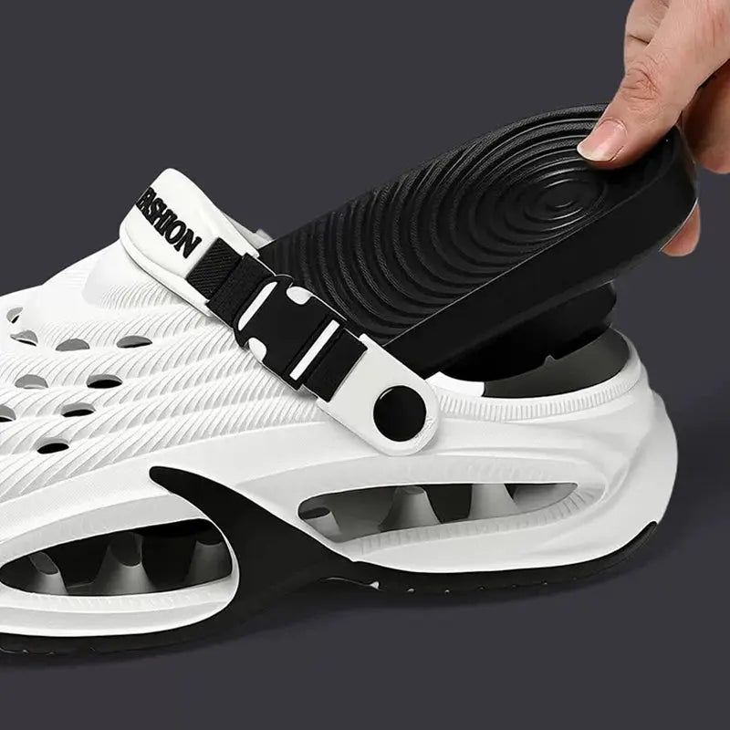 Gray men's sports sandals with hollow-out design, thick soles, EVA soft sole, non-slip outdoor, driving, and beach-friendly.
