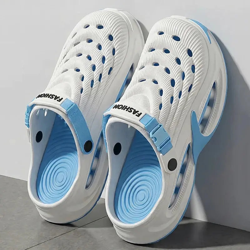 Gray men's sports sandals with hollow out design, thick sole, EVA soft footbed, non-slip outdoor, ideal for beach and summer wear.