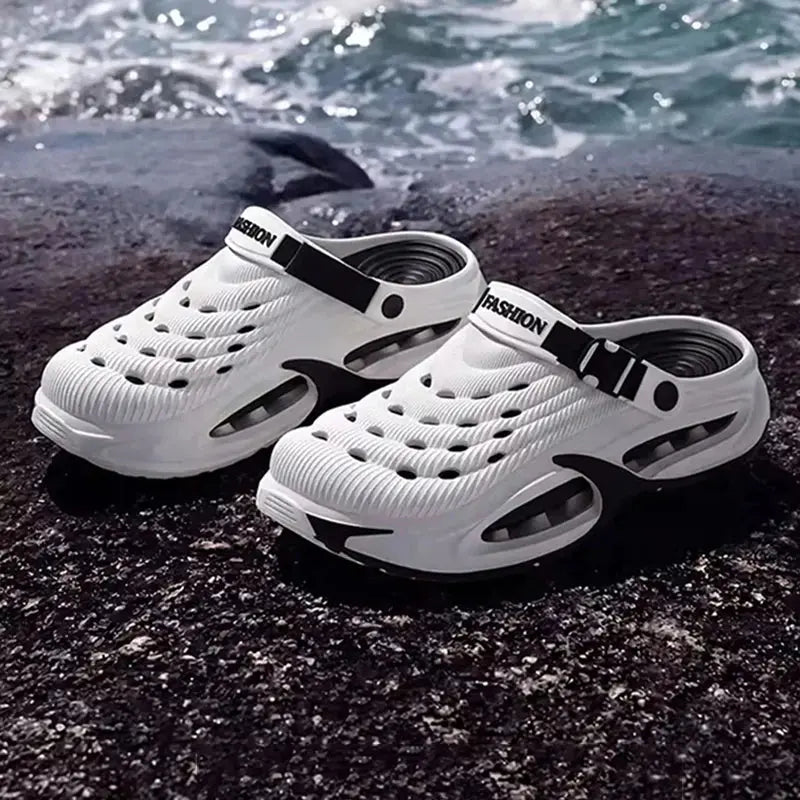 Gray men's sports sandals with hollow out design, thick sole, EVA soft sole, non-slip outdoor and beach wear by SHOPEZRA L.L.C.