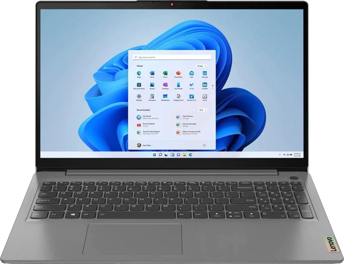 Lenovo IdeaPad 3i touch laptop displaying Windows 11 interface, Arctic Grey, 15.6" Full HD touchscreen, 8GB RAM, 512GB SSD.