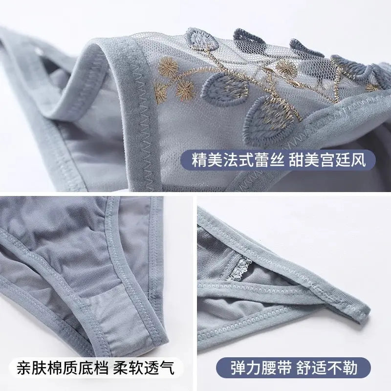 Gray-blue women's French lace underwear with embroidery, low waist briefs made of pure cotton, featuring a hip style crotch.