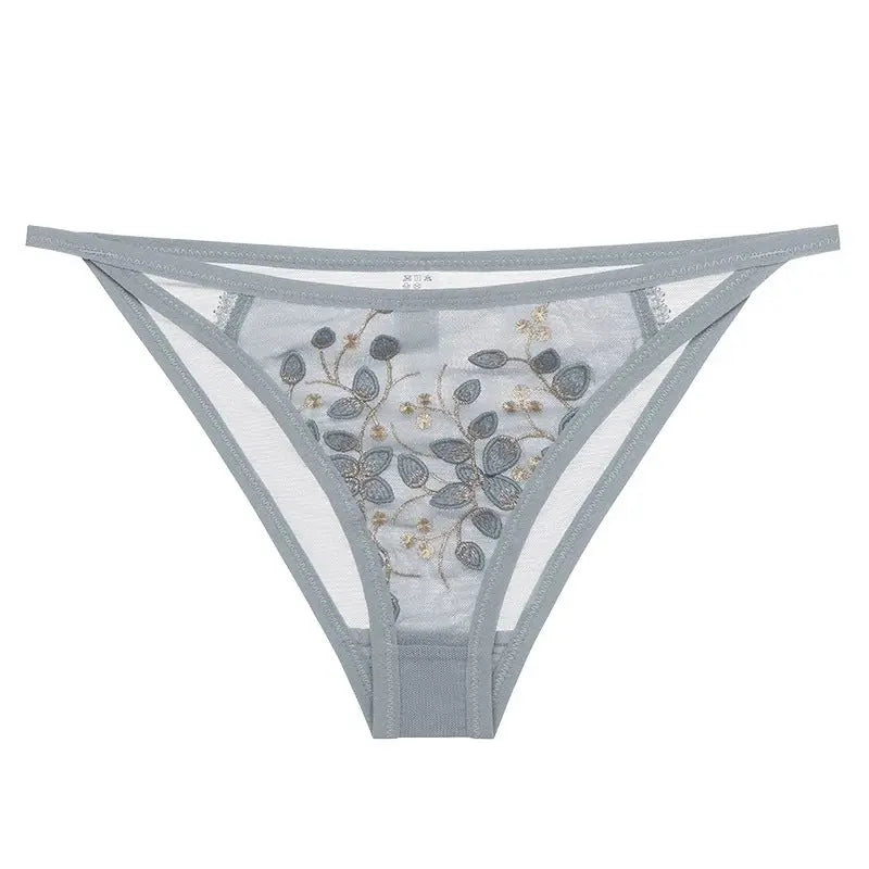 Gray-blue women's sexy lace underwear by SHOPEZRA L.L.C., low waist, embroidered lace, pure cotton crotch, French-inspired design.