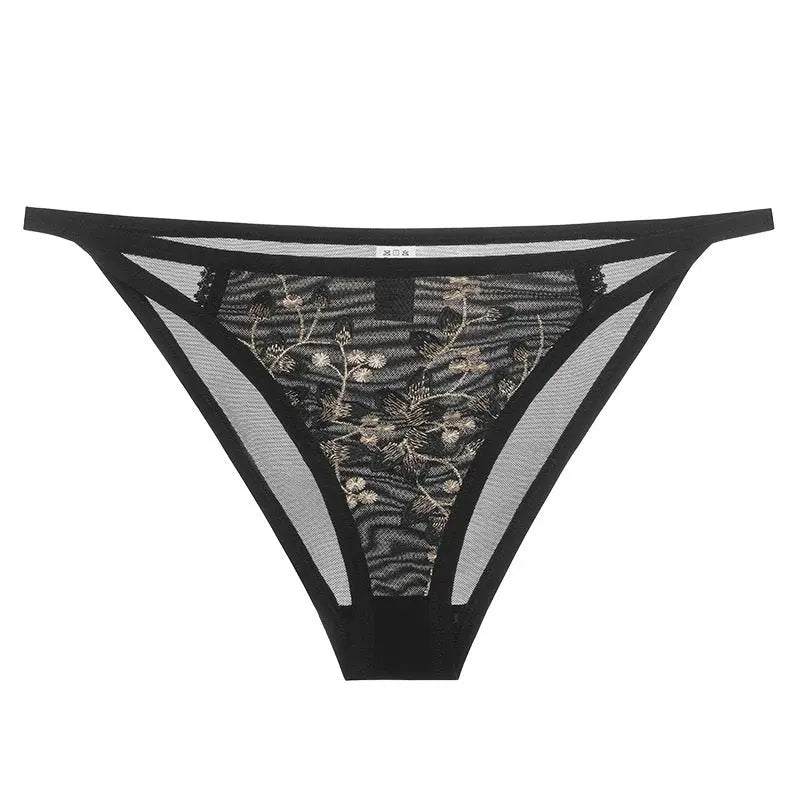 Gray-blue French lace women's underwear with embroidered details, low waist, pure cotton crotch, and a sexy, slim fit design.