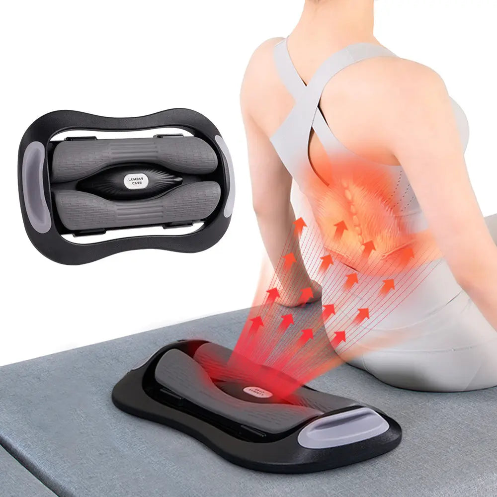 Home use curved lumbar massager with heat function providing soothing relief and comfort for back pain relief.