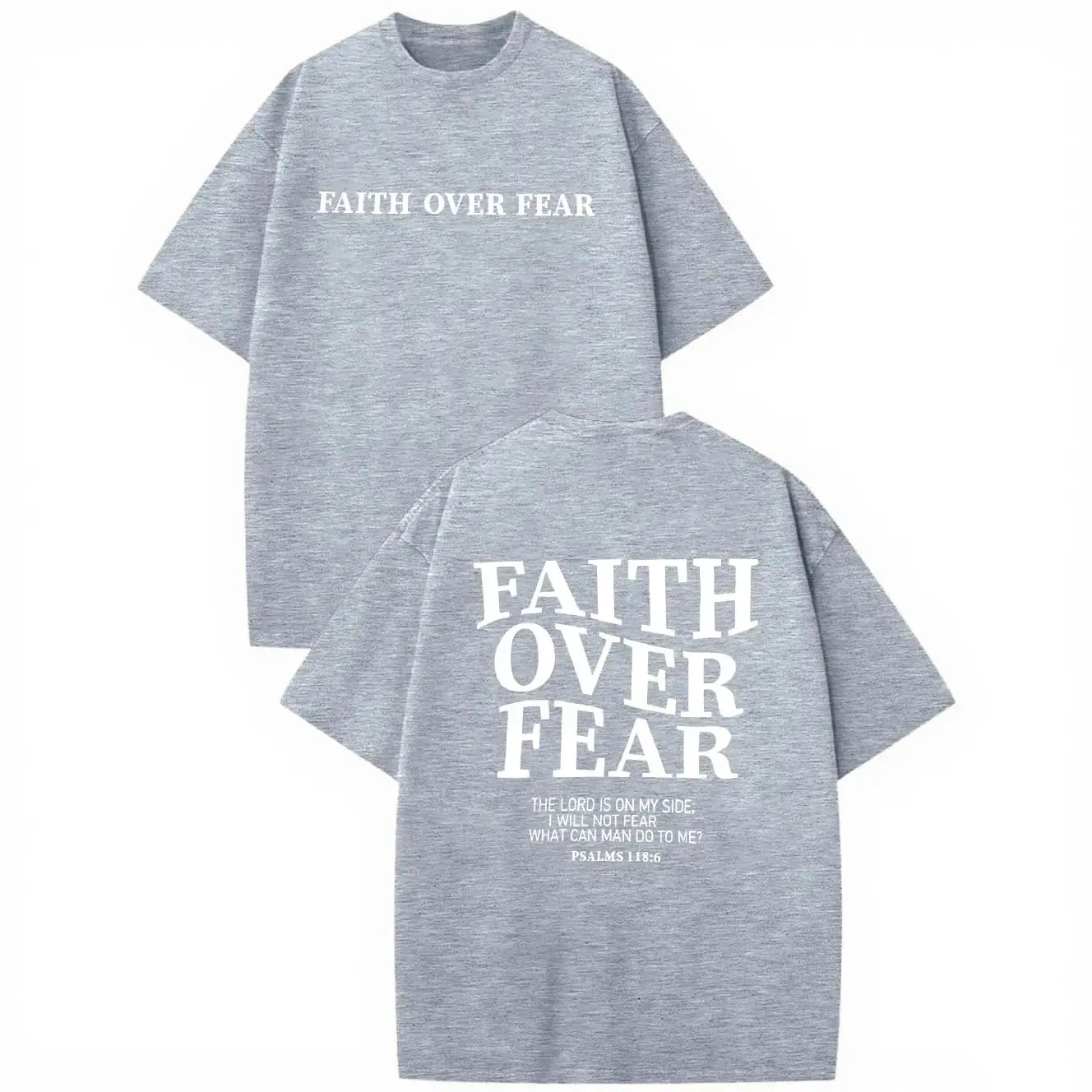 Gray men's BANGELY Faith Over Fear graphic shirt featuring religious Jesus Christian design, oversized short sleeve gym top.
