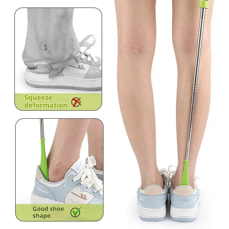 Two stretchable metal long shoe horns, 30cm to 71cm, designed for pregnant women and elderly, in green, with household shoe spatula.