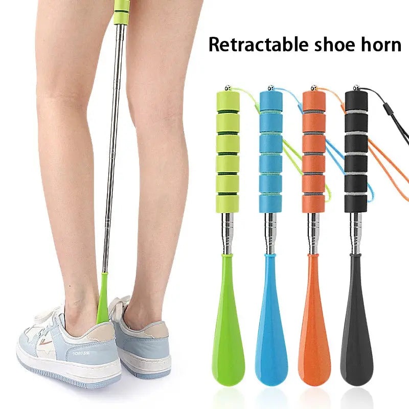 Two stretchable metal shoe horns in green, 30cm to 71cm long, designed for pregnant women and elderly for easy shoe donning.