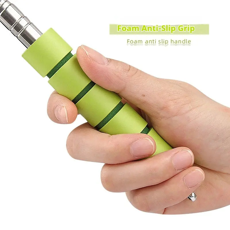 Two stretchable long metal shoe horns in green, 30cm to 71cm, ideal for pregnant women and elderly for easy shoe wear.