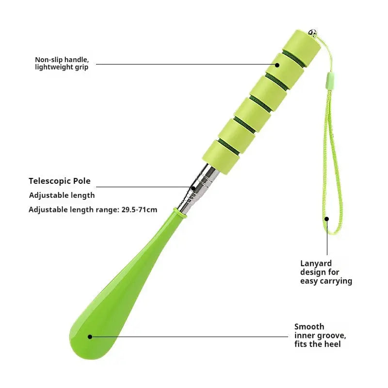 Two stretchable metal shoe horns in green, 30cm to 71cm long, designed for pregnant women and elderly for easy shoewear.