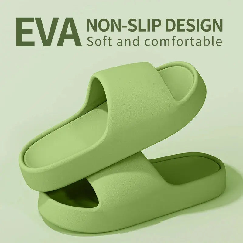 Green men's summer slippers with thick soles, anti-slip design, suitable for outdoor, indoor, and bathroom shower use.