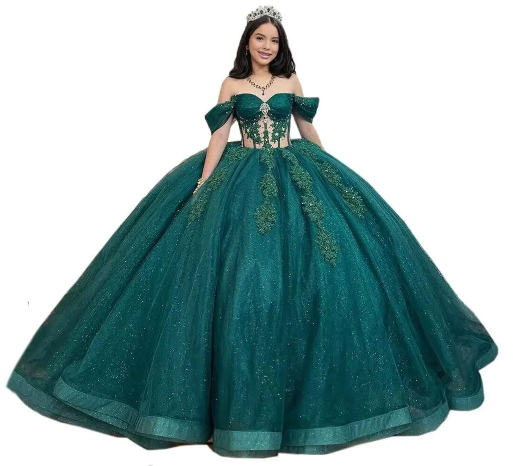 Dark green quinceanera dress featuring glitter tulle, off-shoulder design, and embellished with beading, perfect for sweet 15 celebrations.
