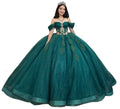Dark green quinceanera dress featuring glitter tulle, off-shoulder design, and embellished with beading, perfect for sweet 15 celebrations.